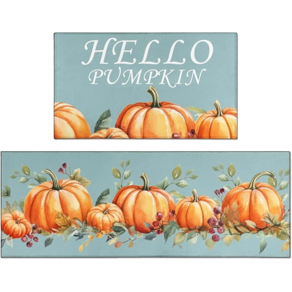 Fall Kitchen Rugs Set of Two, Hello Pumpkin Blue Floor Mat, Thanksgiving Non-Slip Washable Sink Mat, Fall Home Decor Doormat Rug