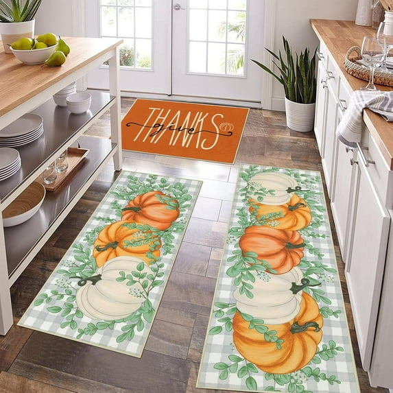 Fall Kitchen Rugs Sets of 3, Pumpkin Leaves Kitchen Floor Mats, Farmhouse Kitchen Rugs and Mats Non Skid Washable, Kitchen Runner Throw Rugs for Kitchen, Laundry Room Fall Thanksgiving Decor