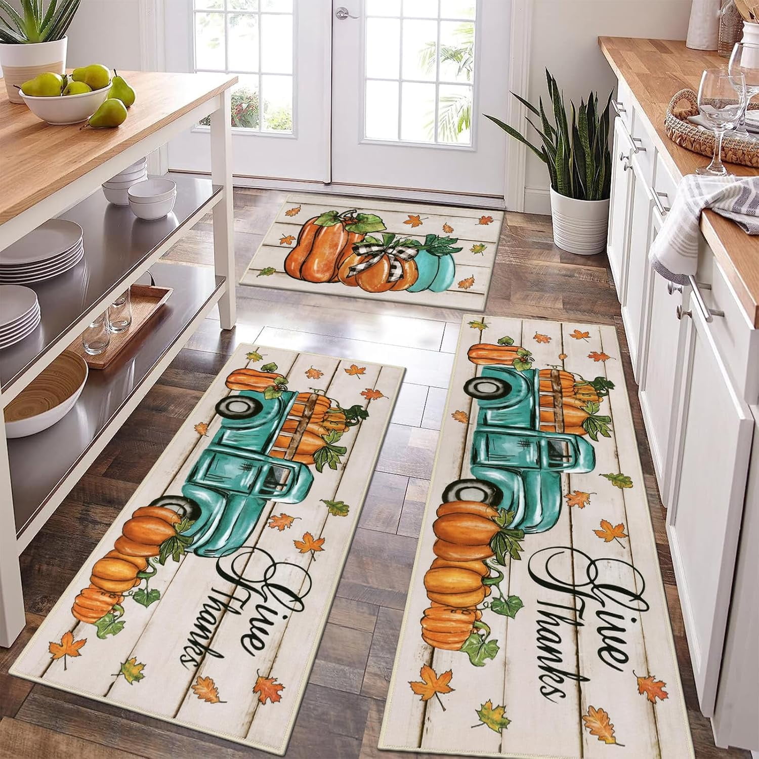 3-Piece Boho Kitchen Rug Set - Non-Slip Washable Runner & Mats For Farmhouse Kitchen, Entryway, Laundry