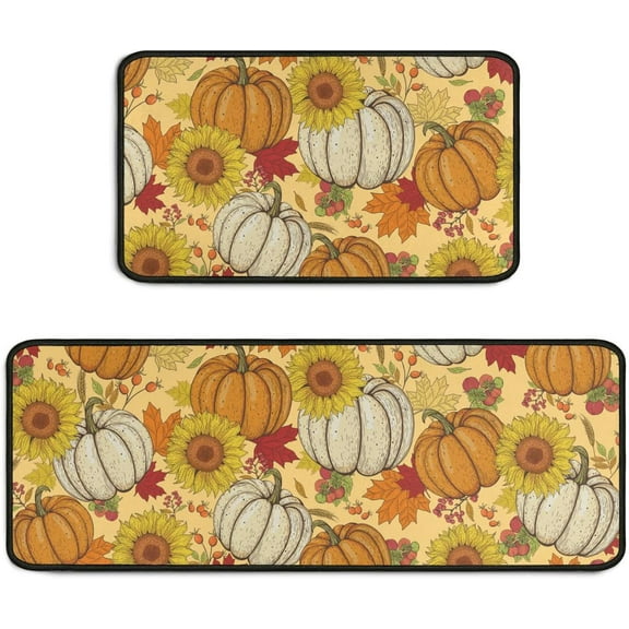Fall Kitchen Rugs and Mats Set of 2 Piece Non-Slip Washable Pumpkin Sunflower Kitchen Rug Runner Fall Decor Decorations