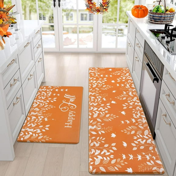 Fall Kitchen Rugs pvc Set of 2, Happy Fall Kitchen Mats for Floor Thanksgiving Kitchen Rugs Anti Fatigue Fall Rugs, Autumn Maple Kitchen Mat for Thanksgiving Decorations, 18'' x 30'' + 18'' x 48''