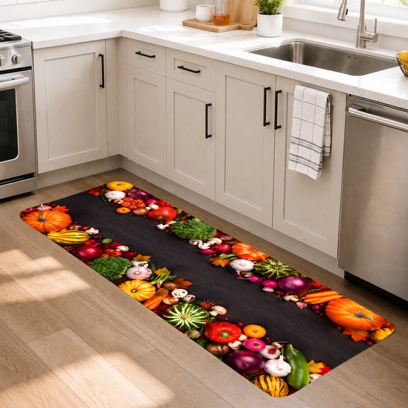 Fall Kitchen Runner Rug 18x48 Inch, Thanksgiving Harvest Kitchen Floor Mat with Pumpkin Vegetable Farmhouse Design, Non Slip Waterproof Kitchen Rug for Sink, Rustic Country Home Decor Runner Mat for