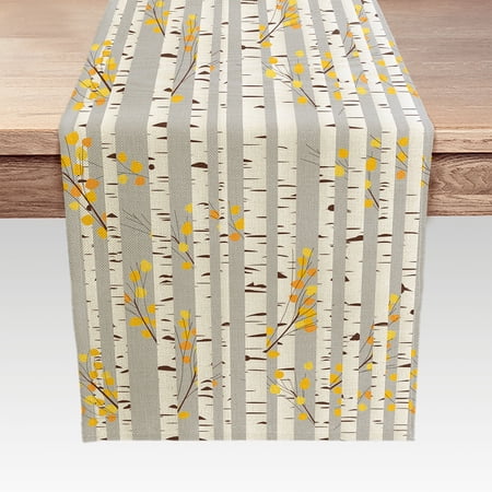 Fall Kitchen Table Runner for Farmhouse Party Holiday Dinnner, Gray Yellow Leaf Forest Abstract Pattern Table Runner Dresser Scarves Dining Table Decor, Washable Coffee Table Runners 13x72 inch