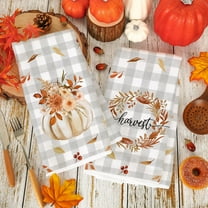 Fall Kitchen Towel Autumn Pumpkin Leaves Dishcloth Plaids Farmhouse Harvest Dish Towel Rustic Hand Drying Tea Towel for Thanksgiving Kitchen Cooking Baking Cleaning, 2Pcs, 18 x 26 Inch