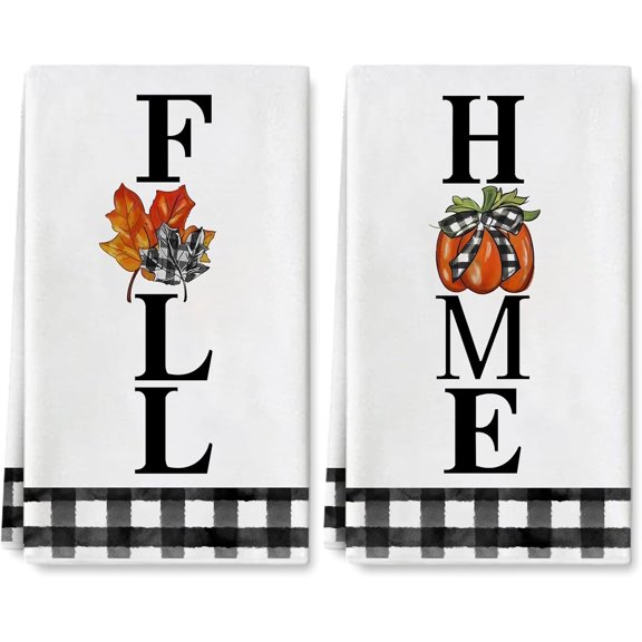 Fall Kitchen Towel Buffalo Plaids Autumn Pumpkin Maple Leaves Dishcloth 18 x 26 Inch Harvest Farmhouse Home Tea Towel Hand Drying Cloth Towel for Thanksgiving Cooking Baking, 2Pcs