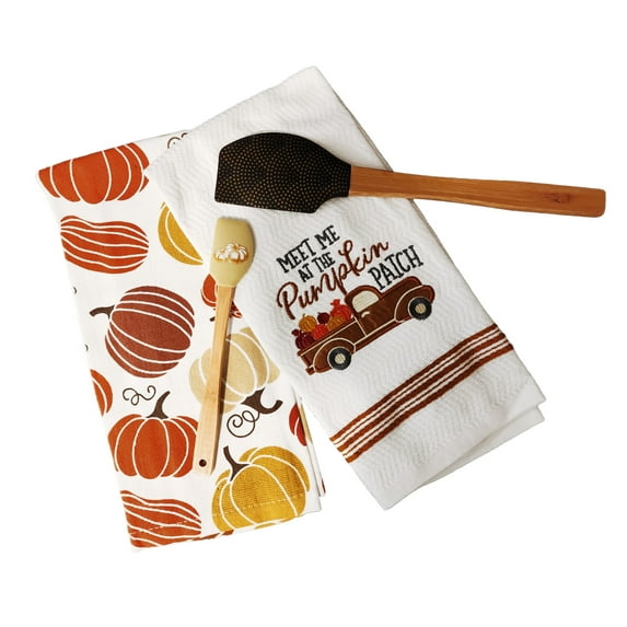 Fall Kitchen Towels 2-Pack Multi-Color with Decorative Spatulas SeasonsEasy