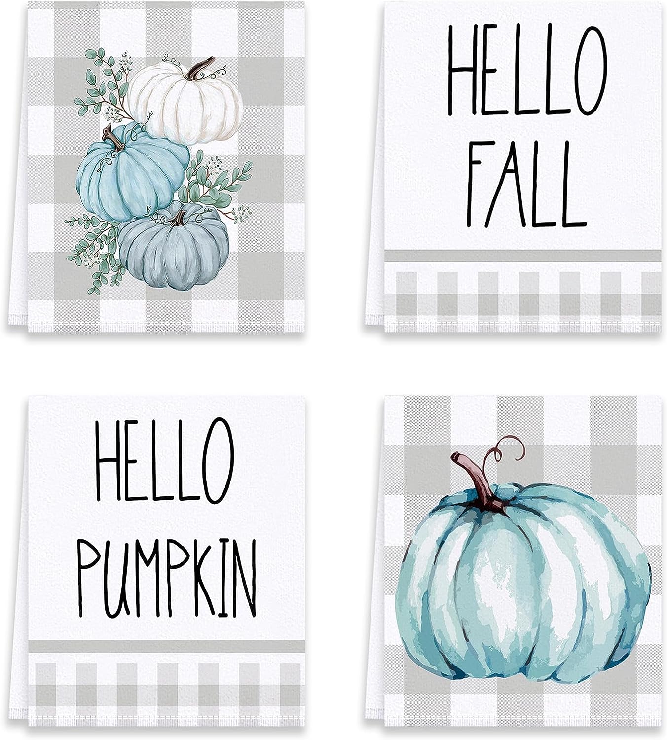 Fall Kitchen Towels Dish Towels Set of 4 White Gray Buffalo Plaid