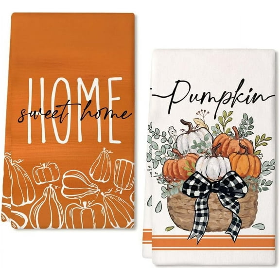 Fall Kitchen Towels for Fall Decor,Orange Pumpkin Basket Eucalyptus Leaves Autumn Dish Towels 18x26 Inch Set of 2,Farmhouse Home Thanksgiving Harvest Vintage Decorations