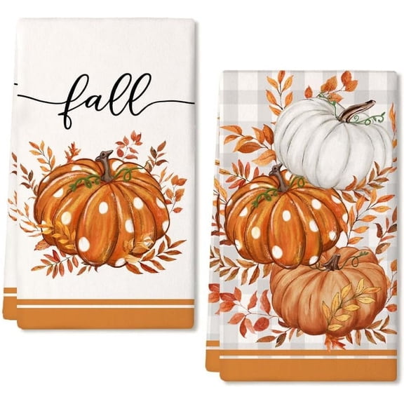Fall Kitchen Towels for Fall Decor,Orange Pumpkin Polka Dot Autumn Dish Towels 18x26 Inch Set of 2,Farmhouse Home Thanksgiving Harvest Vintage Decorations AD334
