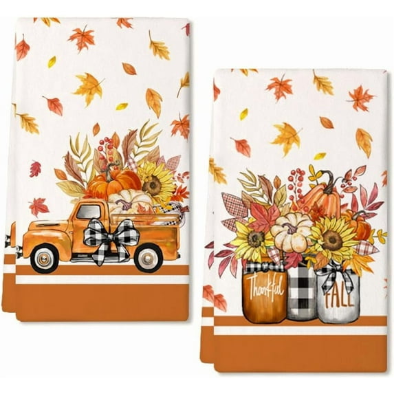 Fall Kitchen Towels for Fall Decor,Orange Pumpkin Truck Maple Leaves Autumn Dish Towels 18x26 Inch Set of 2,Farmhouse Home Thanksgiving Harvest Vintage Decorations