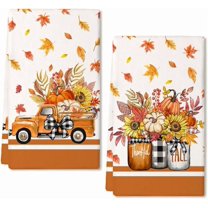Fall Kitchen Towels for Fall Decor,Orange Pumpkin Truck Maple Leaves Autumn Dish Towels 18x26 Inch Set of 2,Farmhouse Home Thanksgiving Harvest Vintage Decorations