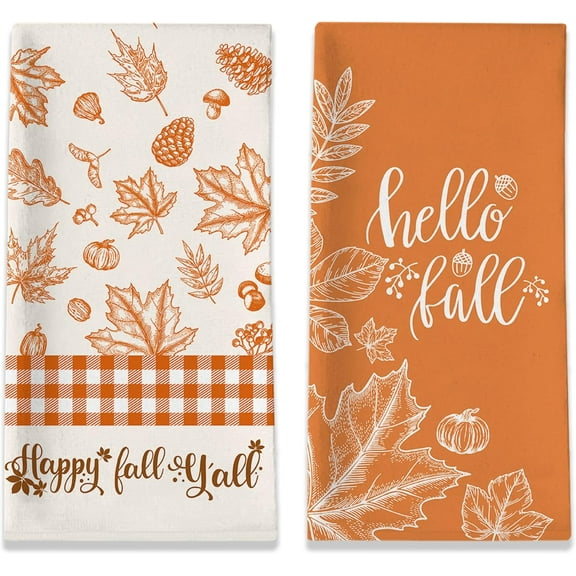 Fall Kitchen Towels, Fall Towels Set of 2, Hello Fall Pumpkins Maple Leaves Orange Plaid Hand Dish Tea Towels for Bathroom Seasonal Thanksgiving Housewarming Gifts Decorations for Home (18x28 Inches)
