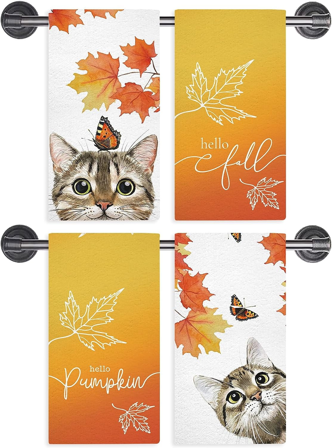 Fall Kitchen Towels Maple Leaf Cat Fall Dish Towels Set of 4 Hello
