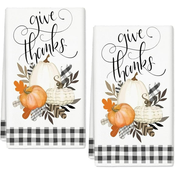 Fall Kitchen Towels Pumpkin Buffalo Plaid Pattern Dish Towels 18 x 26 Inch Autumn Decorative Hand Drying Tea Towels for Thanksgiving Cooking Baking Cleaning Wipes, Set of 2