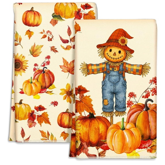 Fall Kitchen Towels Set of 2 - Fall Kitchen Dish Towels 16x24 Inches Decorative Autumn Themed Towel for Thanksgiving Harvest, Absorbent Hand Towel with Hanging Loop, Straw Pumpkin