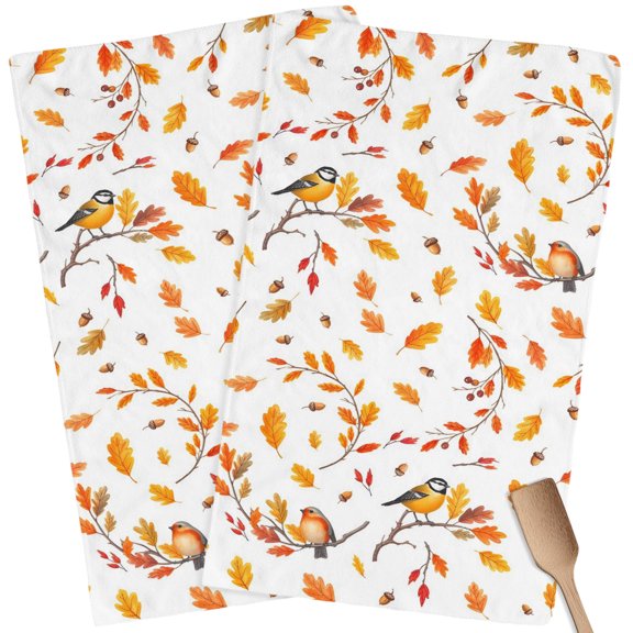 Fall Kitchen Towels Set of 2 Maple Leaves Dish Towels and Dishcloths Sets Tea Towel Autumn Branch Sparrow Nuts Absorbent Hand Towels for Kitchen Bathroom Drying Cleaning Baking Thanksgiving Decor