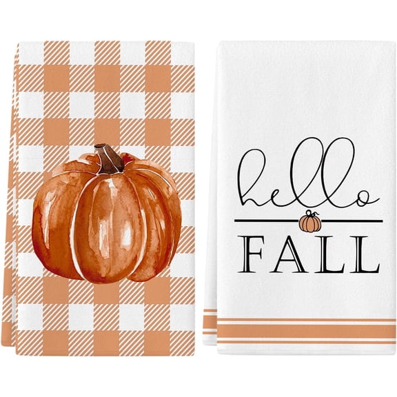 Fall Kitchen Towels Set of 2,18x26 Inch Pumpkin Hand Towels Hello Fall Decorations for Home Seasonal Autumn Thanksgiving Home Kitchen Decor Dishcloth
