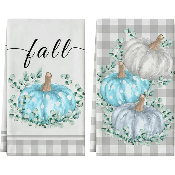 Fall Kitchen Towels Set of 2 Fall Decor Buffalo Plaid Eucalyptus Leaves Pumpkin Dish Towel Tea Towels for Kitchen 16x26 Inch Thanksgiving Decorations