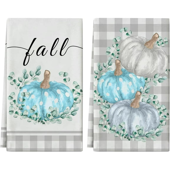 Fall Kitchen Towels Set of 2 Fall Decor Buffalo Plaid Eucalyptus Leaves Pumpkin Dish Towel Tea Towels for Kitchen 16x26 Inch Thanksgiving Decorations