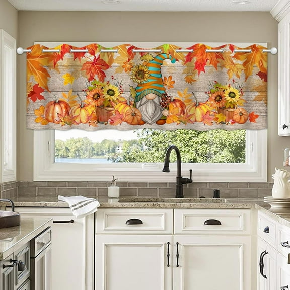 Fall Kitchen Valances for Windows, Fall Pumpkins Kitchen Curtains Valances 54”x18”, Fall Gnomes Kitchen Decor, Autumn Maple Leaves Valance Curtain Window Treatment Tiers for Living Room Bedroom