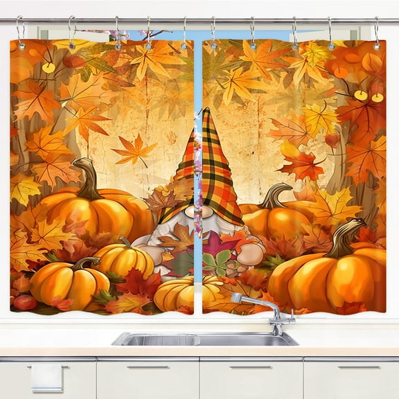 Fall Kitchen Window Curtains, Autumn Pumpkins Thanksgivingl Curtains Panels, Farmhouse Maple Leaves on Rustic Wooden Board Kitchen Window Drapes, Gnomes Window Treatment Sets with Hooks, 52X63Inches