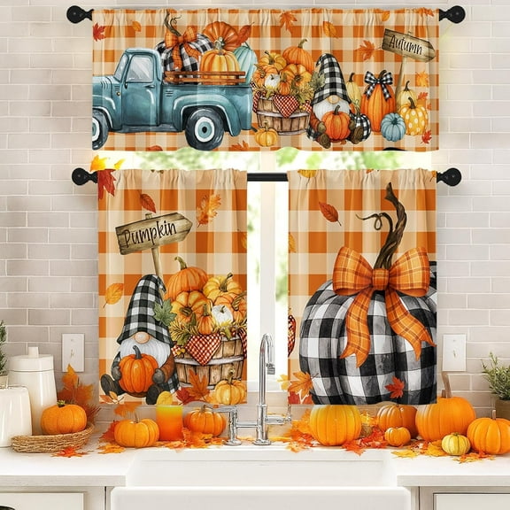 Fall Kitchen Window Curtains and Valances Set 36 Inch, Buffalo Plaid Pumpkins Truck Gnomes Farmhouse Short Tier Curtain for Cafe Living Room Bathroom, Autumn 3 Pieces Set Kitchen Decor
