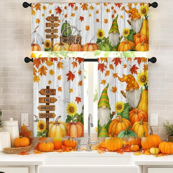 Fall Kitchen Window Curtains and Valances Set 36 Inch, Farmhouse Gnome Pumpkins Leaves Rustic Short Tier Curtain for Cafe Living Room Bathroom, Autumn 3 Pieces Set Kitchen Decor