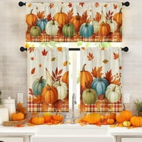 Fall Kitchen Window Curtains and Valances Set 36 Inch, Orange Buffalo Plaid Pumpkins Maple Leaves Farmhouse Short Tier Curtain for Cafe Living Room Bathroom, Autumn 3 Pieces Set Kitchen Decor