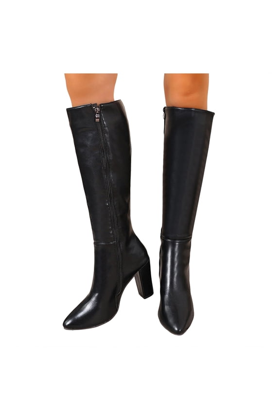 Fall Knee High Boots for Women White Black Leather Pointed Toe Chunky High Heel Winter Dress Tall Boots with Side Zipper