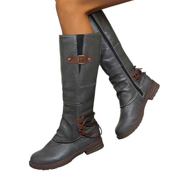 Fall Knee High Work Boots for Women Retro Winter Leather Slouchy Low Heel Side Zipper Wide Mid Calf Cowboy Boots