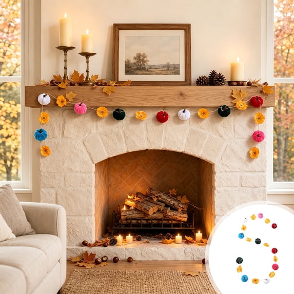 Fall Knit Pumpkin String Light Wreath 90in Hand Crocheted Garland with Wooden Beads for Thanksgiving Halloween Home Decor Display Items Props Collections Extras Special Edition