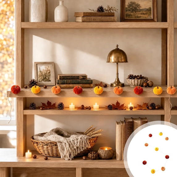 Fall Knit Pumpkin String Light Wreath 90in Hand Crocheted Garland with Wooden Beads for Thanksgiving Halloween Home Decor Display Items Props Collections Extras Special Edition