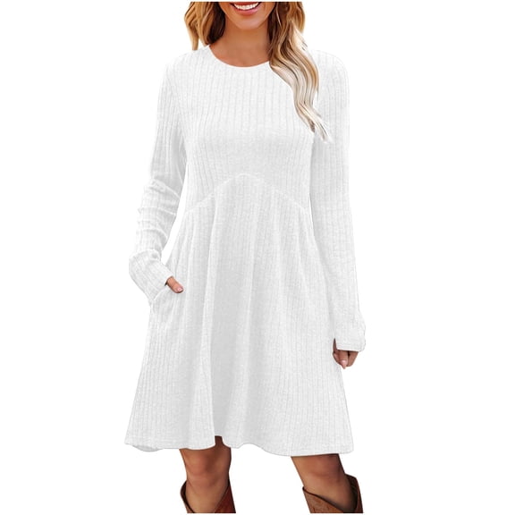 Fall Knit Sweater Dress For Women Crew Neck Knee Length Tunic Dress With Pockets Long Sleeve Ribbed Knit Midi Dress A-Line Dress
