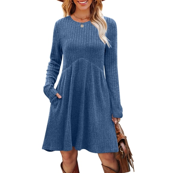 Fall Knit Sweater Dress For Women Crew Neck Knee Length Tunic Dress With Pockets Long Sleeve Ribbed Knit Midi Dress A-Line Dress
