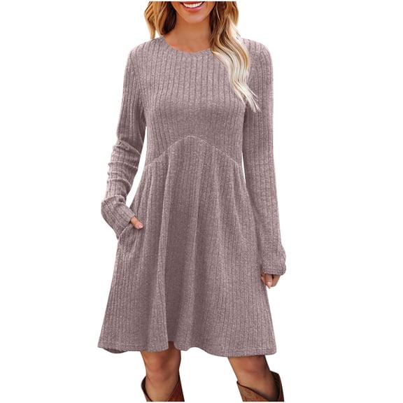 Fall Knit Sweater Dress For Women Crew Neck Knee Length Tunic Dress With Pockets Long Sleeve Ribbed Knit Midi Dress A-Line Dress