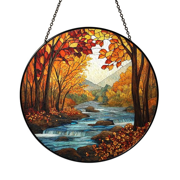 Fall Lake Landscape Stained Glass Style Window Hanging, Rustic Decorative Art Panel