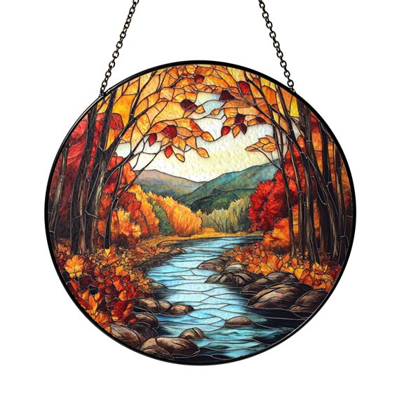 Fall Lake Landscape Stained Glass Window Hanging, Rustic Cabin Art Decor Panel Accent for Seasonal Interior