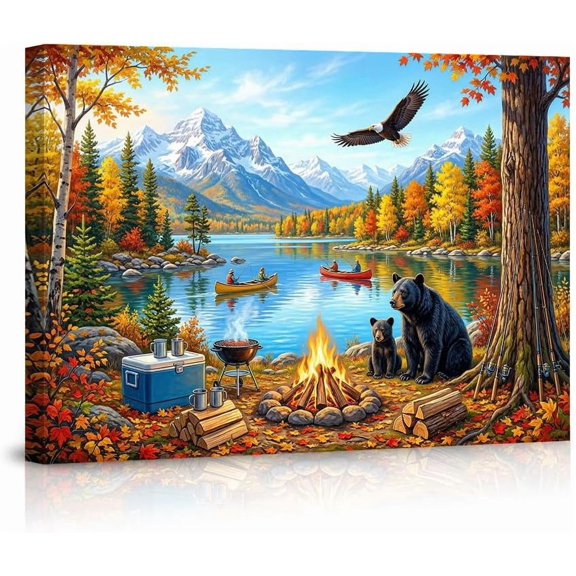 Fall Lake Mountain Canvas Wall Art Posters, Fall Landscape with Eagle, Black Bear Cub, Fishing, Campfire. Nature Wildlife Prints for Living Room Bedroom Home Decor