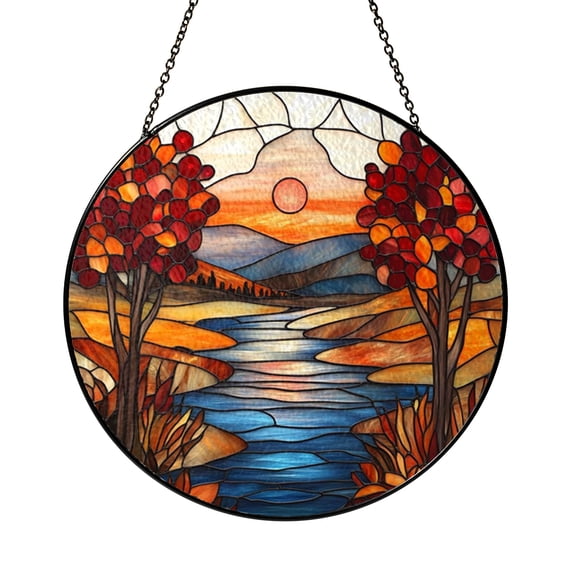 Fall Lake Scene Stained Glass Window Suncatcher, Peaceful Autumn Landscape Art Hanging with Cozy Earthy Colors