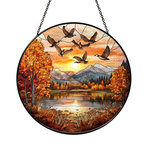 Fall Lake with Geese Stained Glass Window Ornament, Rustic Nature Gift