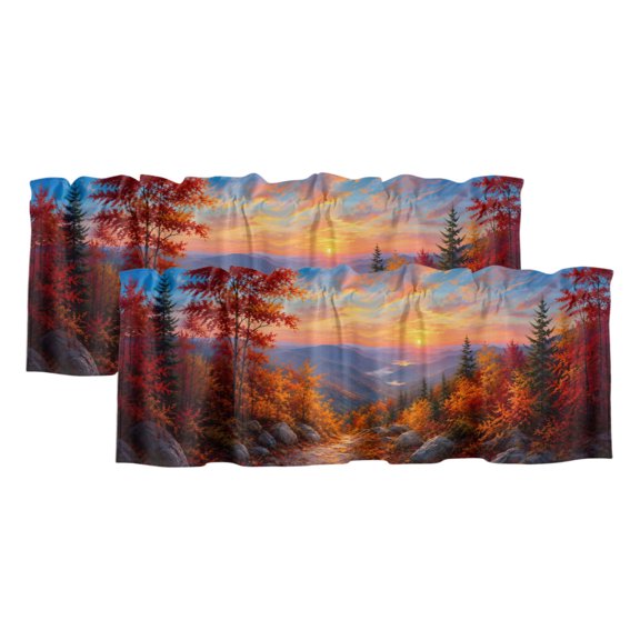 Fall Landscape 2 Panels Kitchen Valance, Sunset Serene Orange Maple Trees Forest Mountain Peak Curtains Valances for Small Windows Rod Pocket Window Treatments for Living Room Bedroom 42" W x 12" L