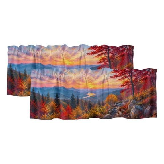 Fall Landscape 2 Panels Kitchen Valance, Sunset Serene Red Orange Maple Trees Forest Mountain Curtains Valances for Small Windows Rod Pocket Window Treatments for Living Room Bedroom 54" W x 18" L