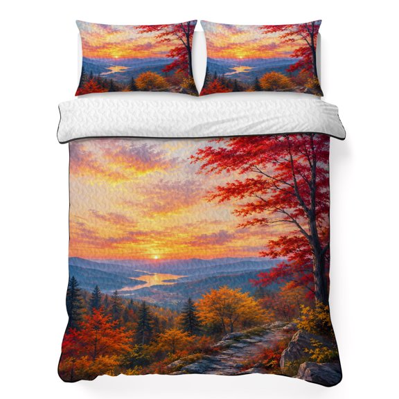 Fall Landscape 3 Piece Quilt Bedding Set with 2 Pillow Shams, Sunset Serene Red Orange Maple Trees Forest Mountain Lightweight Bedspread Coverlet, Soft Breathable All Season Quilt, 68 x 86 Inch