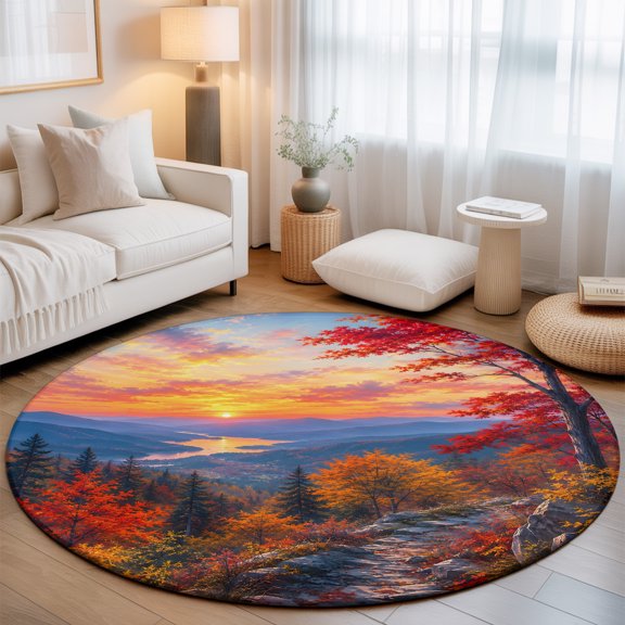 Fall Landscape 7' Round Rugs for Living Room Conversation Area, Sunset Serene Red Orange Maple Trees Forest Mountain Washable Non Slip Large Circle Area Rug Under Dining Table