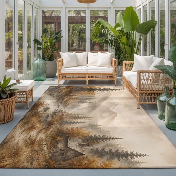 Fall Landscape 9'x12' Area Rugs for Living Room Sectional Sofa, Misty Mountains Brown Trees Forest Fog Country Cabin Washable Sturdy Non Slip Soft Sturdy Rectangle Home Area Rug