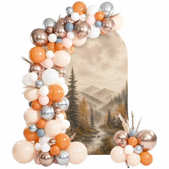 Fall Landscape Arch Backdrop Cover 4 FT, Misty Mountains Brown Trees Forest Fog Country Cabin Wedding Arch Cover Stretchy Backdrop Stands Covers for Birthday Party Ceremony Banquet Decor