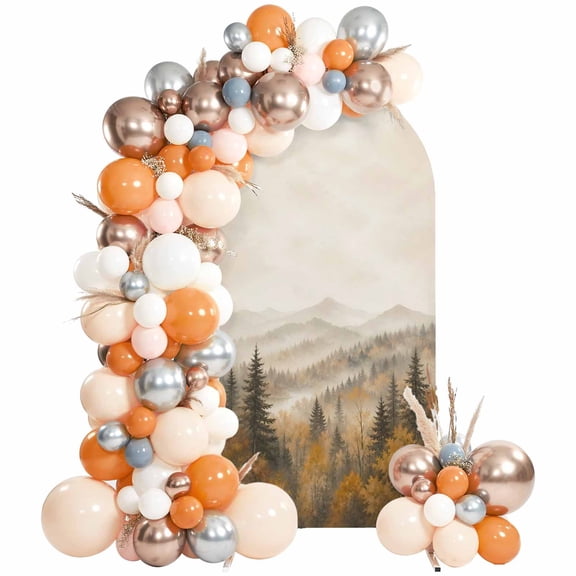 Fall Landscape Arch Backdrop Cover 4 FT, Misty Mountains Orange Maple Trees Forest Fog Wedding Arch Cover Stretchy Backdrop Stands Covers for Birthday Party Ceremony Banquet Decor