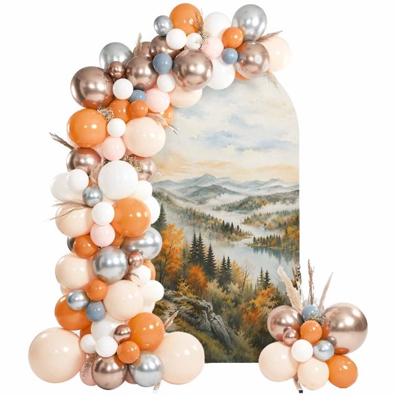 Fall Landscape Arch Backdrop Cover 4 FT, Orange Maple Trees Forest Fog Wilderness Wedding Arch Cover Stretchy Backdrop Stands Covers for Birthday Party Ceremony Banquet Decor