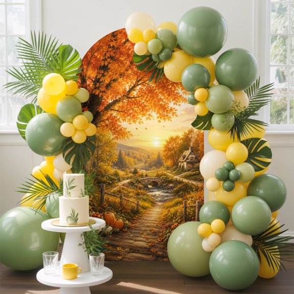 Fall Landscape Arch Backdrop Cover, 4FT, Orange Gold Maple Leaf Pumpkins Tree Rustic Countryside Spandex Arch Covers Double-Sided Backdrop for Wedding Birthday Party Photo Background Decoration