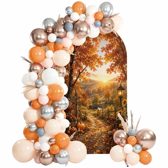 Fall Landscape Arch Backdrop Covers 6.6 FT, Orange Golden Maple Leaf Pumpkins Tree Sunset Stretchy Fitted Arched Stand Covers Party Arch Stand Cover Photo Booth for Wedding Birthday Decor